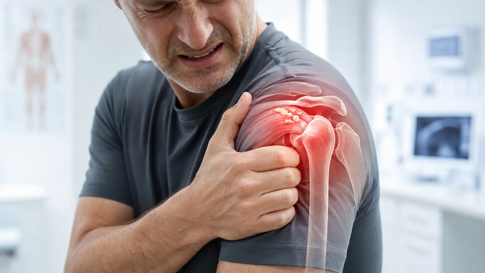 石灰性腱炎による突然の強い肩の痛みをイメージした、肩関節と腱の石灰沈着部位を示す医療イメージ