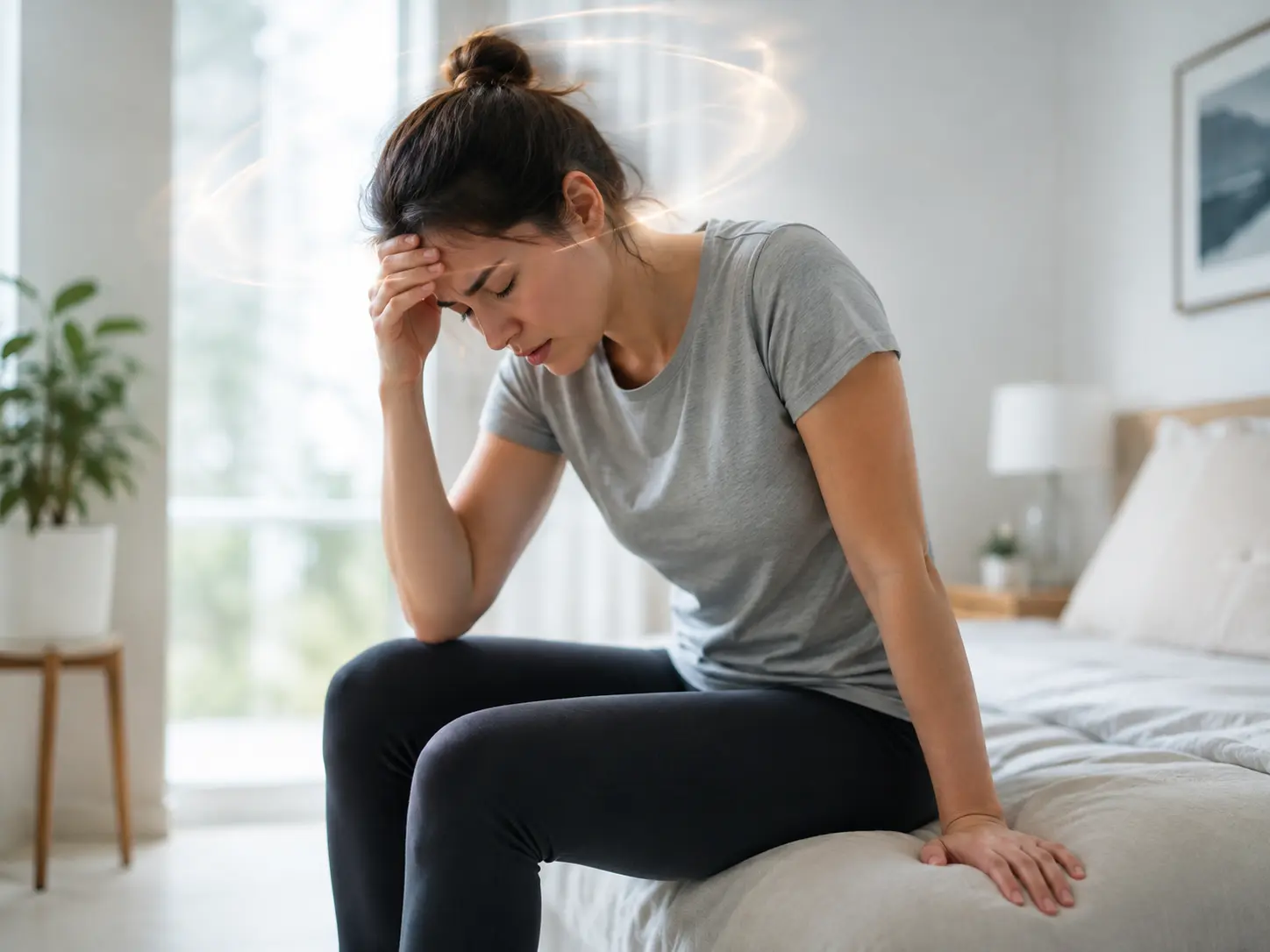 起立時のめまいやふらつきで体調が優れず、ベッドに腰かけて額を押さえている女性の様子
