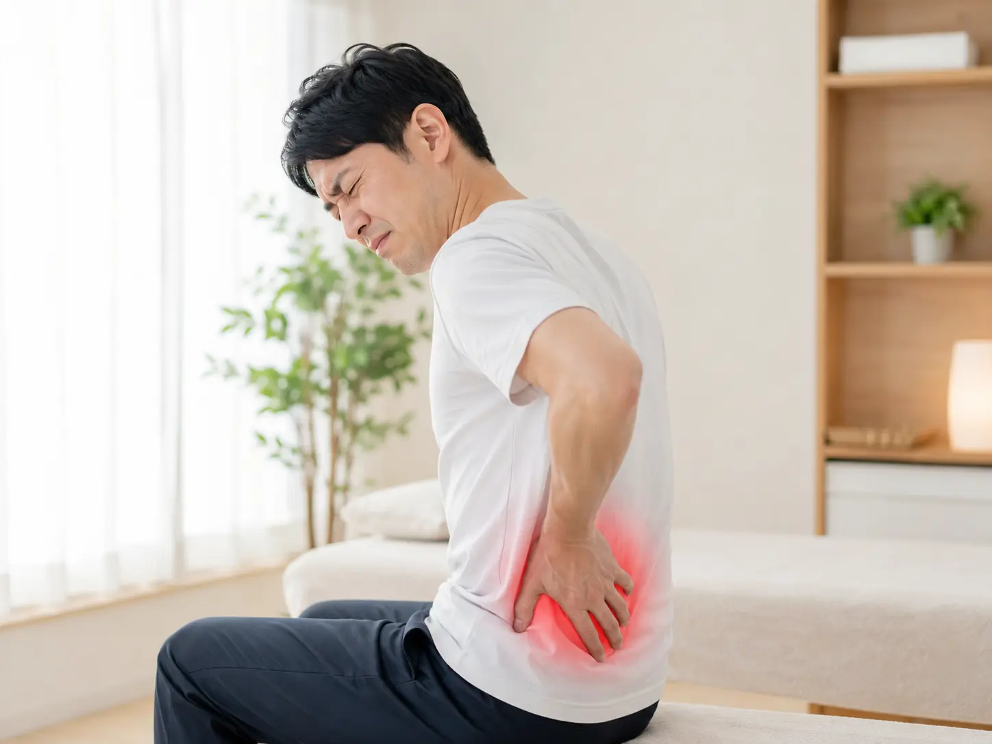 マッサージを受けても繰り返す腰痛に悩んでいる様子をイメージした画像