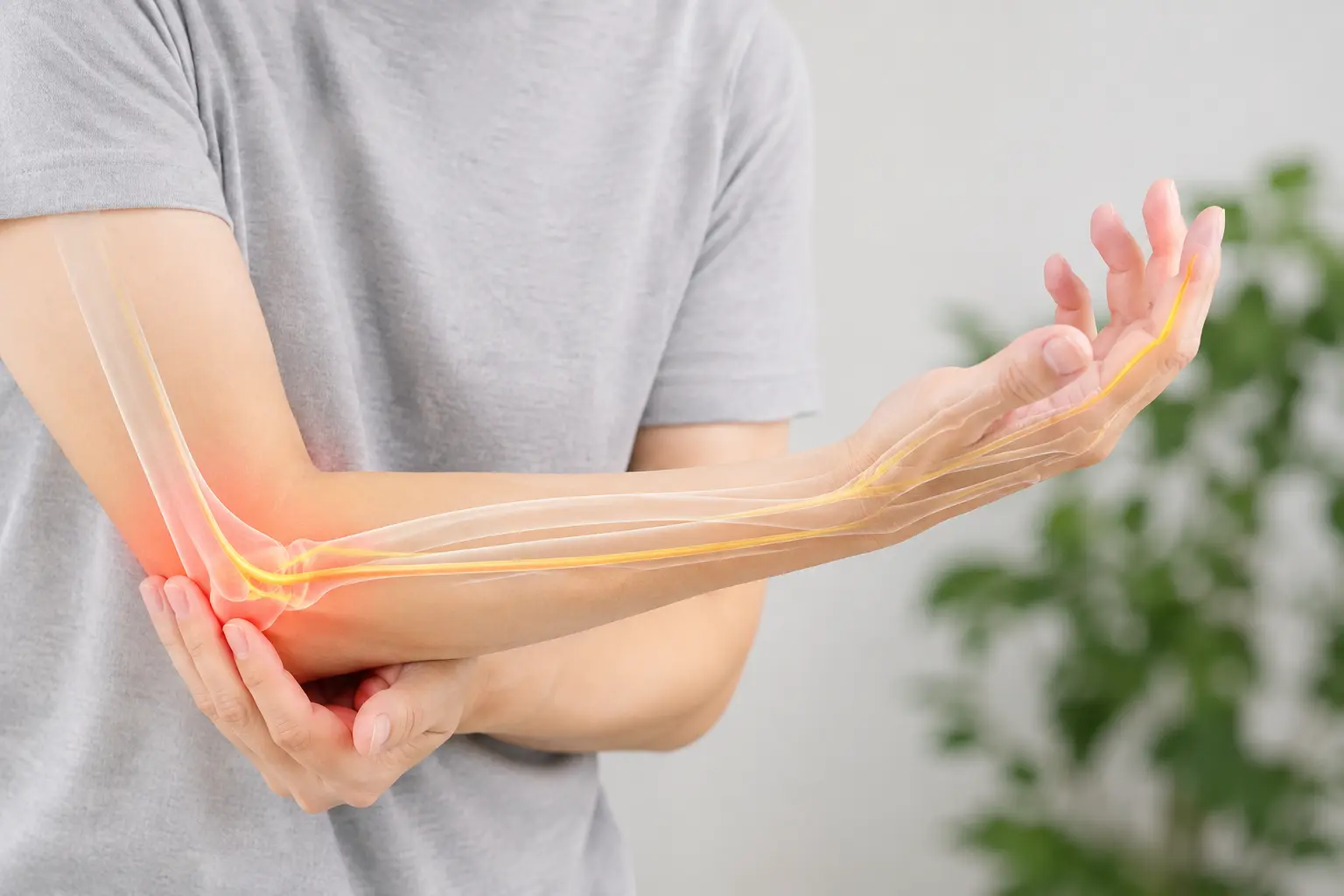 肘部管症候群による小指側のしびれをイメージし、肘から前腕・手指へ走る神経と肘の痛みを示した様子