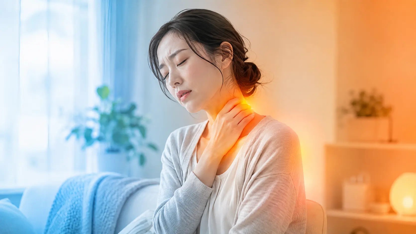 寒暖差による疲労や自律神経の乱れで、首まわりの不調やだるさを感じている女性の様子
