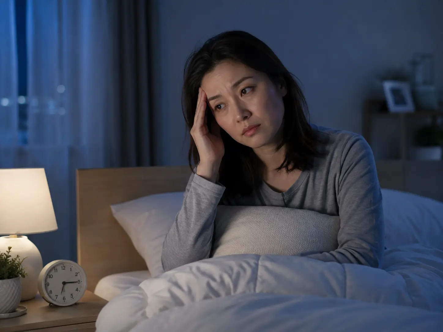 夜になっても眠れず、ベッドの上で不安そうに目を覚ましている女性の様子