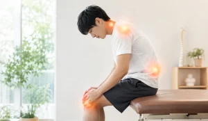 姿勢の乱れによって首・肩・腰・膝に負担がかかっている様子を表したイメージ