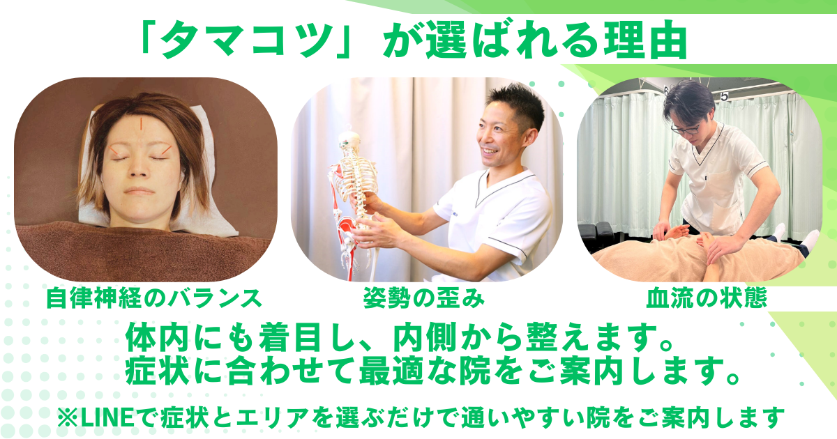 自律神経・姿勢・血流など体の内側から整え、症状に合わせて最適な院を案内する多摩整骨院グループの施術イメージ